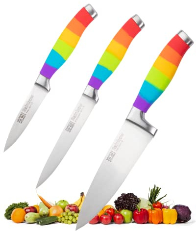 Rainbow Coloured 3pc Knife Set - Paring, Santoku and All Purpose Utility Knife. Bring a Pop of Colour to Your Kitchen With These Knives as a Starter Set. Perfect for Slicing, Dicing and Chopping.