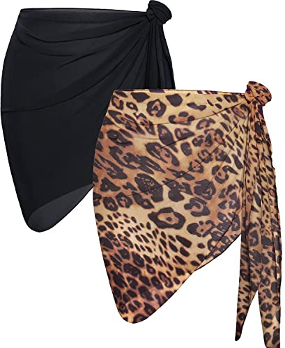 AVAYUU 2 stycken strandwrap för damer, sarong, täckande chiffong, baddräkt, kort, bikini, cover up, omlottkjolar, leopard, blad, kokospalm, sexig pareos, strandhandduk, strandklänning, handdukar, sommar, Svart – leopardmönster, En Storlek