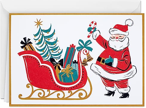 Hallmark Retro Santa Boxed Christmas Cards (16 Cards and Envelopes) Red, Black, Gold, Green, White