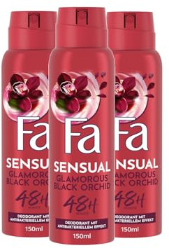 FA Deodorantspray Glamorous Moments (3 x 150 ml), deodorant med den glamorösa doften av svart orkidé, vegansk formel, stoppar bakterier, deodorantskydd utan aluminiumsalter