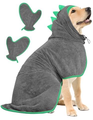 Hundebademantel Schnell Trocknend Badetuch aus Mikrofaser, Bibykivn Einstellbar Hundehandtuch mit Klettverschluss, Saugfähiger Hunde Bademantel mit Hut für Mittlere Große Hunde (Grau grün, L)