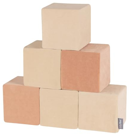 KiddyMoon skumkub för baby gjord av velour mjuka block skum leksak Montessori-leksak med skum och ha kul för barn, 6 stycken, block: sandbeige/ökenrosa