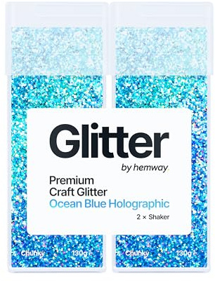 Hemway Craft Glitter Shaker Ocean Blue Holographic 130g x2 Pack Chunky | for Resin & Epoxy Crafts, Christmas Art Supplies, Nail, Body, Face, Eye, Festival, Crafting, Slime, Sparkle