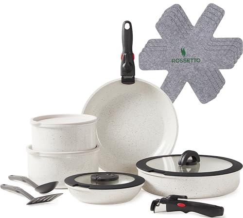 ROSSETTO 17Pcs Pots and Pans Set Non Stick, Ceramic Cookware Sets with Detachable Handle, Induction RV Kitchen Cookware Set, Stackable Non-stick Set, PFOA and PFAS Free, Oven Safe, White Granite