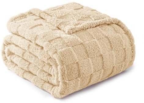 Exclusivo Mezcla Kuscheldecke Fleece-Decke, Superweiche 3D Karierte Sofadecke, Flauschige Decke für alle Jahreszeiten, 130 x 150 cm, Beige