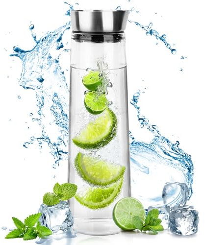 1.5 L Jarras Agua Cristal,Jarra de Agua,Transparente y resistente al calor Botella y Tapa de Acero inoxidable,Jarra de Cristal Transparente,perfecta para leche, jugo, té,café o agua tibia.