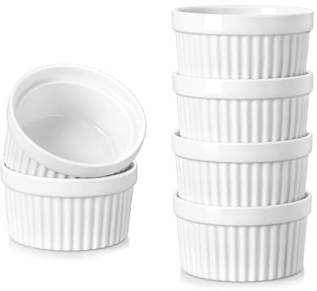 vancasso 4 oz Ramekins, Souffle Dishes Set of 6, White Porcelain Creme Brulee Ramekins, Baking Cups for Pudding, Fruits, Dips, Dishwasher and Oven Safe