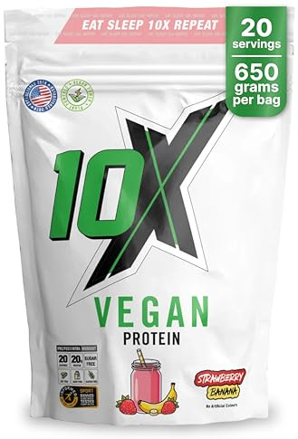 10X Athletic Vegan Protein Powder – Strawberry Banana, Plant-Based, Dairy-Free, Gluten-Free, No Soy or Sugar, Supports Muscle Growth & Recovery – Informed-Sport Certified, Delicious Taste