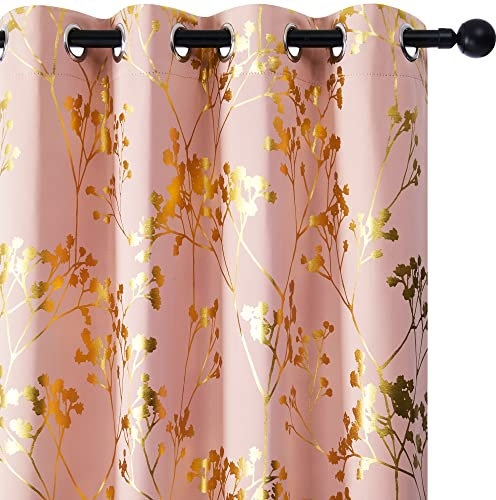Deconovo Eyelet Blackout Curtains Home Decoration Thermal Insulated Gold Flower Tree Pattern Curtains for Girls Bedroom 46 x 54 Inch Coral Pink 2 Panels
