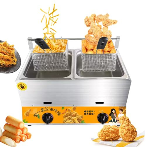 Professionelle Gasfritteuse – Edelstahl 10 l + 10 l Fritteuse für den gewerblichen und privaten Gebrauch mit Korb und Schaufel – ideal zum Kochen von Huhn, Pommes Frites und mehr
