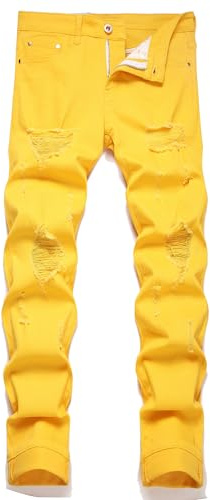 TMMMT Men's Fashion Washed Perforated Elastic Slim Fit Jeans, Yellow, 32