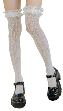 WUSJCOF 1 par Calcetines Altos hasta el Muslo, Medias de Rejilla con Encaje, Rayas y Volantes Estilo Lolita sobre la Rodilla (Blanco)