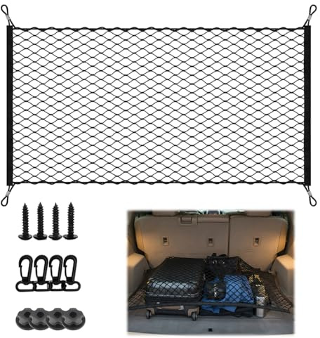 Cargo Net, Stretchable Elastic Nylon Cargo Net for Van, Universal Car Boot Net for Car Storage with 4 Screws and 4 Buttons, Used for Car Roof Storage, Luggage, Grocery Trunk Net, 110 X 60cm