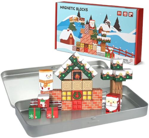 HONHHUO Juego magnético de viaje para niños de Navidad – 45 juegos magnéticos en caja de metal con motivos navideños, juguete creativo de aprendizaje y construcción para viajes, coche y avión, regalo