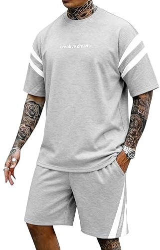 Remxi Herr träningsdräkt 2-delade outfits sommar shortset för män randiga t-shirts och byxor set vardaglig träningsdräkt, Grå, M