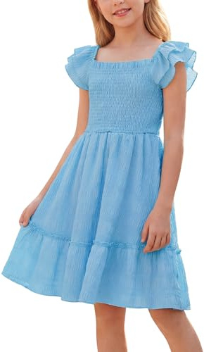 Happy Cherry - Vestido de Verano para Niña para Boda Fiesta Ceremonia Infantil Niñas Vestidos Casual Mangas Abullonadas Cuello para Playa Escuela Vacaciones - 5-14 Años
