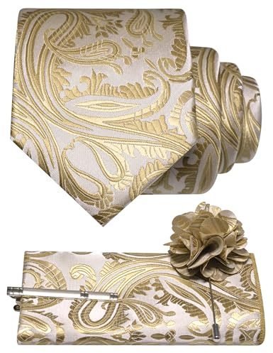 RBOCOTT Mens Business Wedding Champagne Gold Floral Tie Woven Necktie Pocket Square and Lapel Pin with Tie Clip Set for Business 4PCS(8)