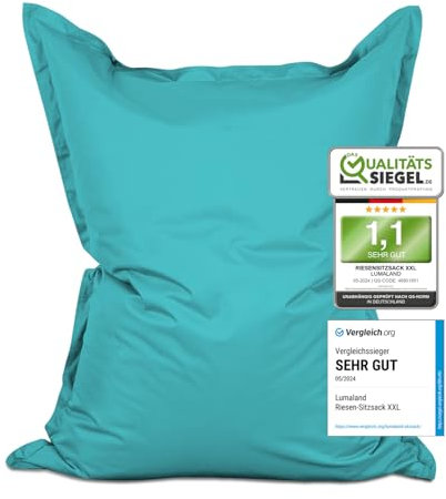 Lumaland Riesen-Sitzsack XXL 140x180 cm | Wasserfestes Indoor & Outdoor Liegekissen mit über 3 Mio. anpassungsfähigen EPS-Perlen | Bean Bag mit waschbarem Bezug [Aquamarin]