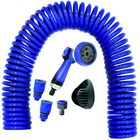 S&M 590030 Manguera helicoidal Azul EVA 15 Metros con Pistola con 8 Funciones y Soporte de Manguera