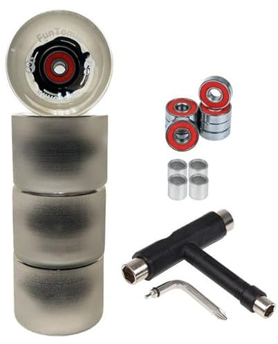 FunTomia 4 Stück (LED) Longboard/Skateboard Rollen (Big Wheels) in 70x51mm 80A inkl. ABEC-9 Kugellager und Metall Spacer 80A Rollenhärte + T-Tool