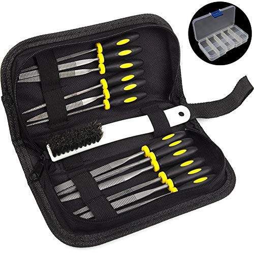 ADVcer Wood Rasp File Kit - 12 Assorted Small Metal Needle Files Set with Bristle Brush and Hand Strap Carrying Case (Rasps included 2 Sizes of Flat, Pointed Flat, Round, Half Round, Square, Triangle)