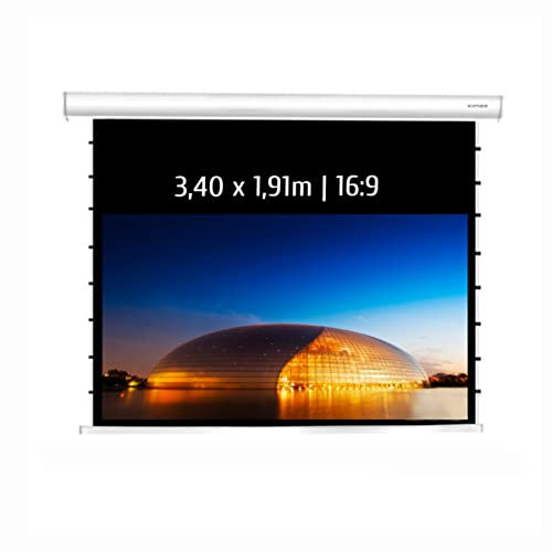 KIMEX - Pantalla de proyección - Motorizada tensionada - Tamaño 3,40 x 1,91 m - Formato 16/9 - Función WiFi - Carcasa Blanca - 049-3519W