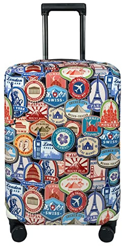 Explore Land Travel Luggage Cover Suitcase Protector Fits 23-26 Inch Case (Landmark Sticker, M)