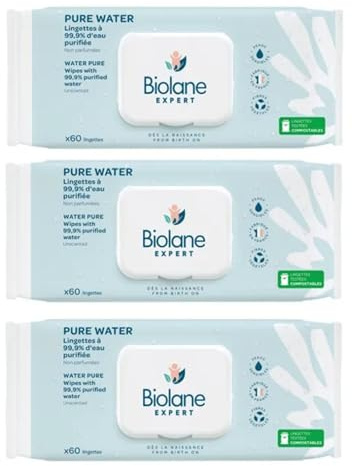 Biolane Expert Pure Water Wipes 3 x 60 Natürliche Fasern Tücher, 180 Stück