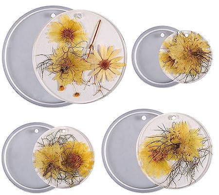 Finyoffiy 4pcs Round Resin Molds Deep Cavity Circle Epoxy Molds Coaster Silicone Mold Large Casting Mold for DIY Wind Chimes,Pendant,Jewelry Making Craft Home Decoration