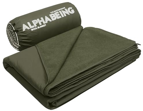 AlphaBeing Waterproof Outdoor Blanket with Merino Wool, Extra Thick Warm, Windproof, Packable Stadium Blankets for Cold Weather, Camping Gift, Pet, Car, Picnic, Concerts, 79 x 59, Olive