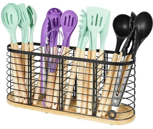 buysigo Küchenutensilienhalter mit Holzsockel, mattschwarz, 4 Fächer, Küchenutensilien-Caddy