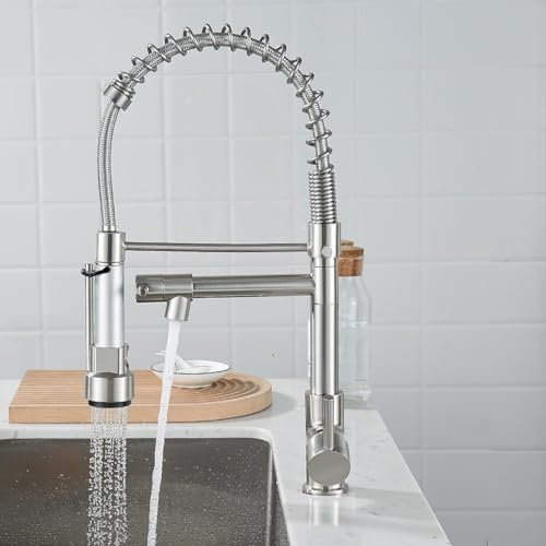 Grifo de cocina, grifo de cocina con muelle en espiral, grifos de fregadero monomando, 2 tipos de chorro de agua, muelle de baja presión, giratorio 360°, interruptor caliente y frío (plata)