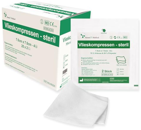 HansaGT Medical Vlieskompressen 7.5x7.5cm 50 Stück, Wundkompressen STERIL 4 Lagen, Wundauflage nicht haftend, Kompressen Sterile Wundgaze Kompresse, Saugkompressen, Verbandsmaterial (STERIL 7.5x7.5cm)