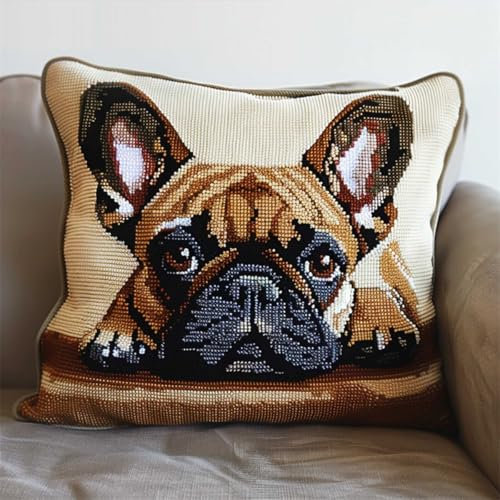 RKFLGEW DIY knüpfen set erwachsene Bulldogge Tier knüpfkissen Haustier Hund DIY Wurfkissenbezug，Sofakissenbezug mit bedruckter Leinwand für Anfänger und Erwachsene mit vorgedrucktem Muster 43x43cm
