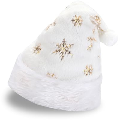 BSITSSS Cappello da Babbo Natale Bianco Con Paillettes Oro, Peloso e Morbido in Peluche per Festa di Capodanno e Natale