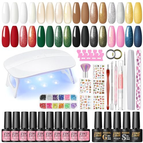 Peacecolor Kit Uñas Semipermanentes, 15PCS Uñas Semipermanentes Kit Completo con Lámpara UV y Base Top Coat Kit Manicura Semipermanente