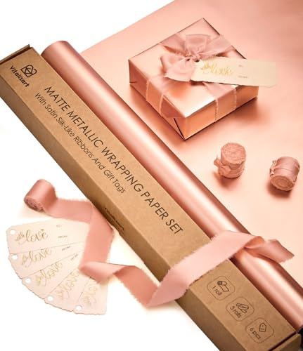 Vitalizart Pink Metallic Gift Wrapping Paper 43 cm x 5 m with 3 Rolls of Pink Silky Ribbons and 6 Gift Tags, Luxury Waterproof Wrapping Paper Set for Birthday, Wedding, Baby Shower, Christmas