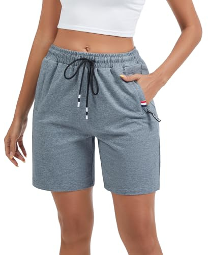 Pantalon Court Femme en Coton Été, Short Sport Doux et Respirant pour Le Jogging Fitness Yoga Gym D'entraînement Lounge, Bermuda Femme avec Poches (Gris foncé, L)