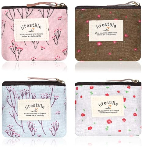 Lot de 4 mini trousses de maquillage en lin à motif floral de 10,2 x 9,4 cm pour sac à main, petite pochette à fermeture éclair pour femmes et filles, maison, voyage, rouge à lèvres, pièces de monnaie