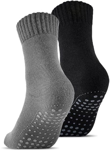 Stoeury 2 Paires de Chaussettes ABS en Laine Thermiques Hommes Femmes, Chaussettes Épaisses Anti-Dérapantes pour l'Hiver, Noir et Gris Anthracite, 43-46