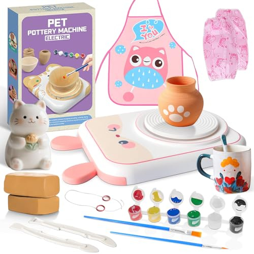 Hzuisst Pottery Wheel, Pottery Wheel for Kids, Complete Pottery Kit for Beginners, Clay Sculpting Tools Painting Kit with 2 Packs Modeling Clays, Mini Pottery Wheel for Kids, Crafts Kits for Kids