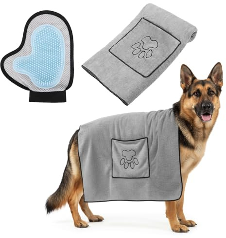 RoxNvm Dog Towels for Drying Dogs, Super Absorbent Microfibre Dog Towel with Pet Hair Removal Glove, Fast Drying Dog Drying Towel, Dog Washing Gloves, Large Pet Towel for Dogs Cats Bath Accessories