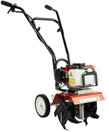 Fresa de jardín de gasolina 52 cc de 2 tiempos, minifresadora con depósito de combustible de 0,95 l, 1,9 kW, azada de suelo profesional, velocidad 6500 – 7000 r/min para granjas, parques, jardines