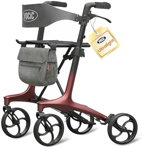 VOCIC Z75 Carbon Ultralight Rollator with Seat 5.5 kg Lightweight, Slim Rollator for Home Use, Indoor & Outdoor, Foldable Walker for Seniors, Max 136 kg, 5 Year Support, No Assembly(Red)