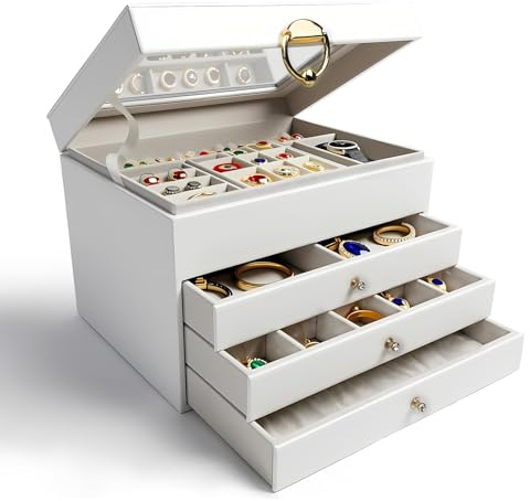 LUMITERRA Scatola Portagioie Donna, 4 Ripiani in Pelle PU,Organizzatore di Gioielli di Grande Capacità, Grande Gioielli Scatola Organizer per Anelli Bracciali Orecchini Collane, Bianco