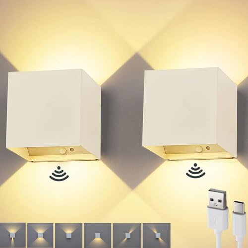 2 Piezas Lampara de Pared Interior con Detector de Movimiento, 3600mAh Batería Aplique de Pared Recargable USB, 6W LED Lámpara Pared Sin Cable, 3000K Lámpara Magnetica para Dormitorio Pasillo, Blanca