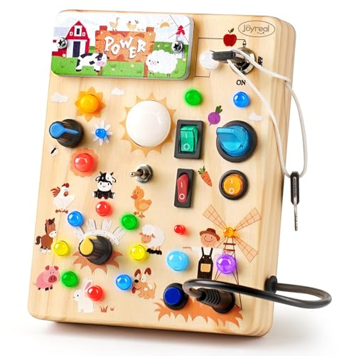 Joyreal Busy Board från 1 år, Montessori leksak Baby Activity Board träleksak pedagogiska leksaker sensoriska leksaker, motorikleksaker med 19 lysdioder, gåva pojkar och flickor från 1 2 3 år