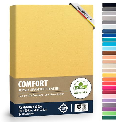 leevitex® Premium Spannbettlaken 180x200–200x220 cm | 40 cm Steghöhe – für Standard-, Boxspring- & Wasserbetten | 100% Mako-Jersey-Baumwolle | ÖKO-TEX Zertifiziert | 170 g/m² | 170g/m² | Gelb/Mais