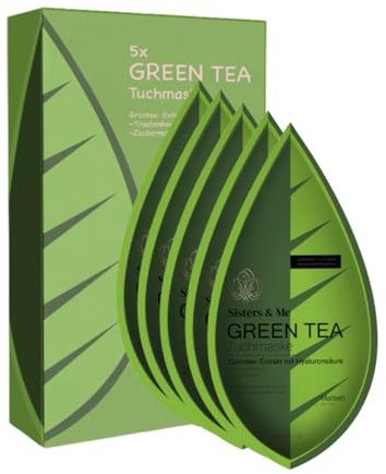 Sisters & Me Grüner Tee Tuchmasken, 5x Gesichtsmaske mit Grüntee, Hyaluronsäure, Traubenkernöl & Zaubernuss – Feuchtigkeit, Porenreinigung, Vegan, Clean Beauty, beruhigend & kühlend