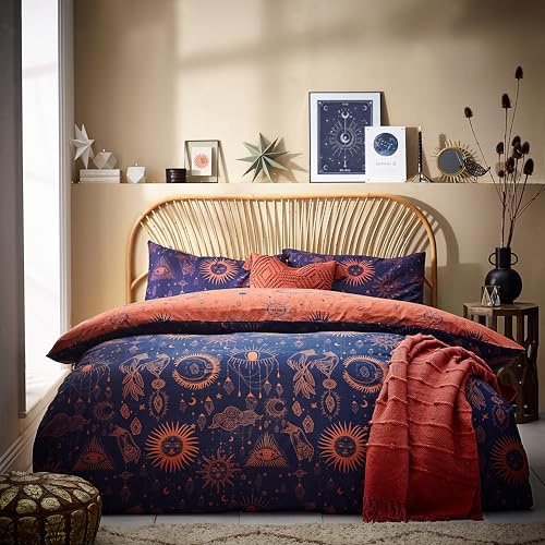 furn. Constellation Duvet Cover Set – Celestial Galaxy Print with Stars & Moons, Reversible Polycotton Bedding (Bronze/Navy – Super King)
